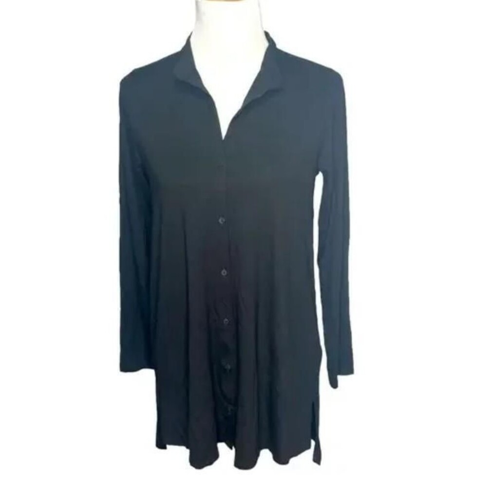EILEEN FISHER Black Sz XXS Soft Stretchy Oversized Button Up Shirt LIKE NEW - Picture 2 of 4